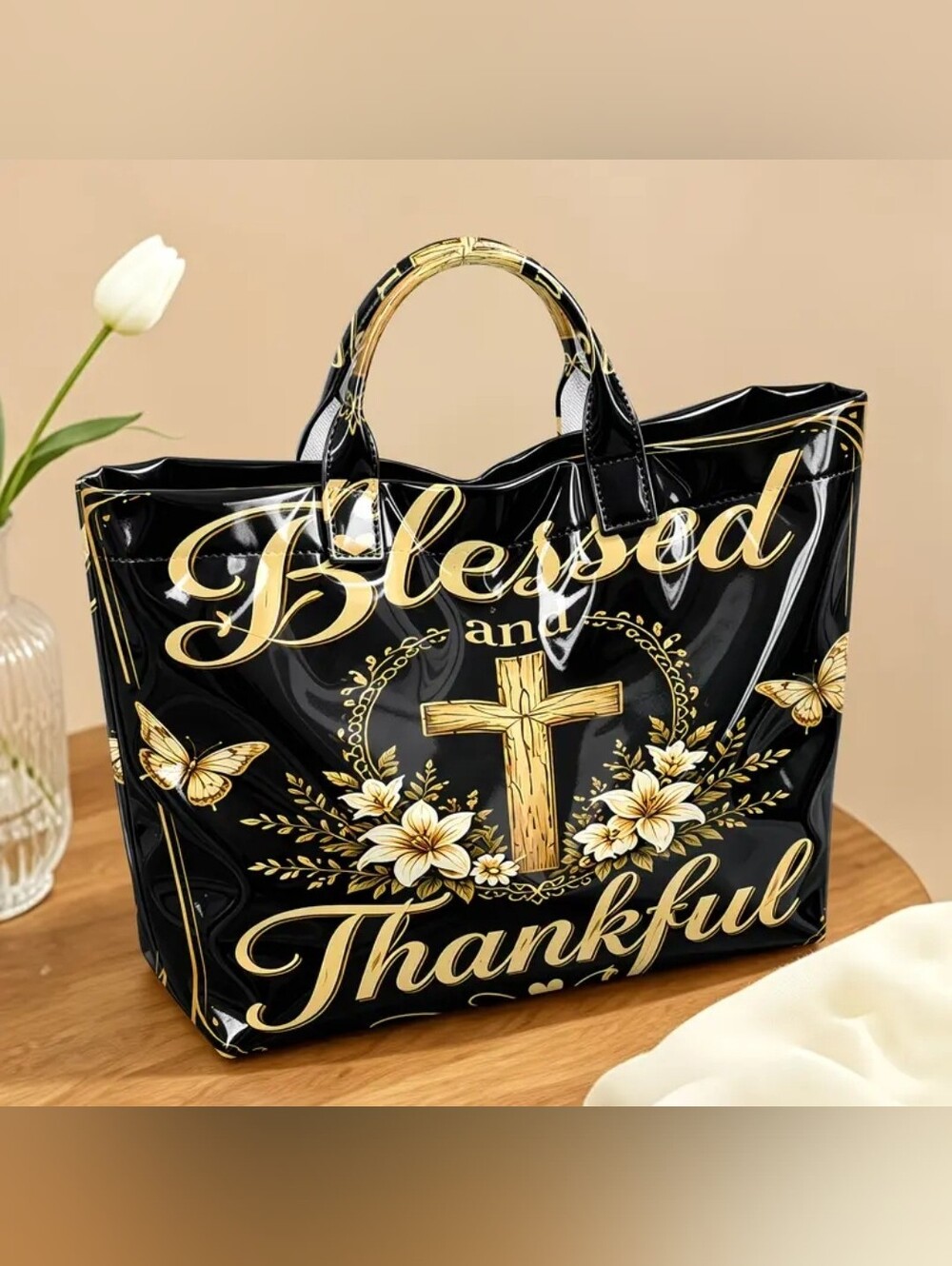 Christian Inspiration Blessed Thankful Large PVC Daily Commute Tote Bag - Picture 2 of 5